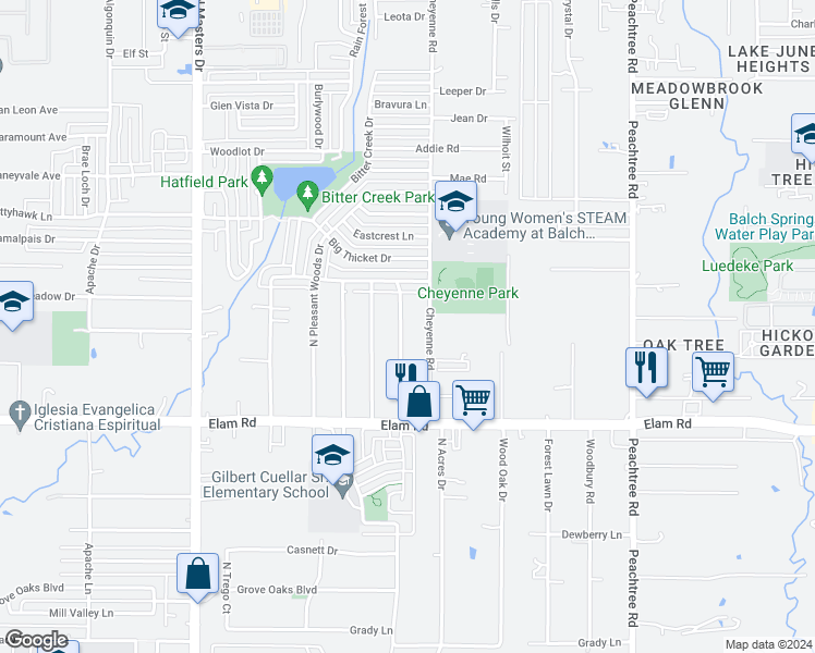 map of restaurants, bars, coffee shops, grocery stores, and more near 630 Pleasant Meadows Lane in Dallas