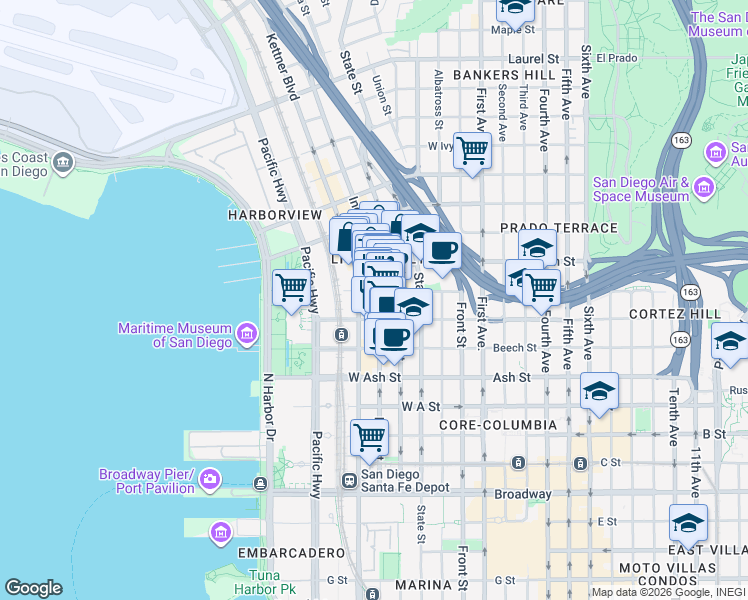 map of restaurants, bars, coffee shops, grocery stores, and more near 550 West Date Street in San Diego