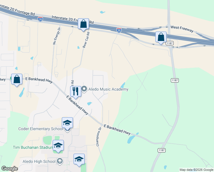 map of restaurants, bars, coffee shops, grocery stores, and more near 106 Aledo Pointe Drive in Aledo