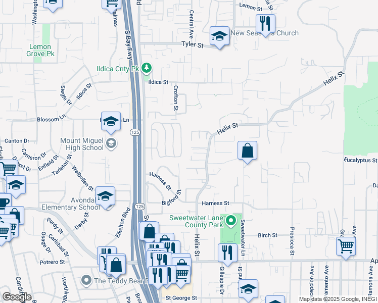 map of restaurants, bars, coffee shops, grocery stores, and more near 1818 Helix Street in Spring Valley
