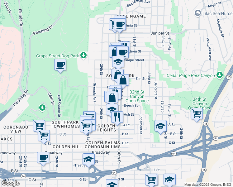 map of restaurants, bars, coffee shops, grocery stores, and more near 1611 30th Street in San Diego