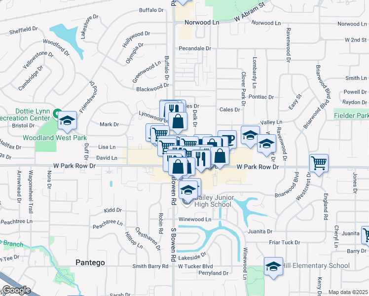 map of restaurants, bars, coffee shops, grocery stores, and more near 1301 South Bowen Road in Arlington