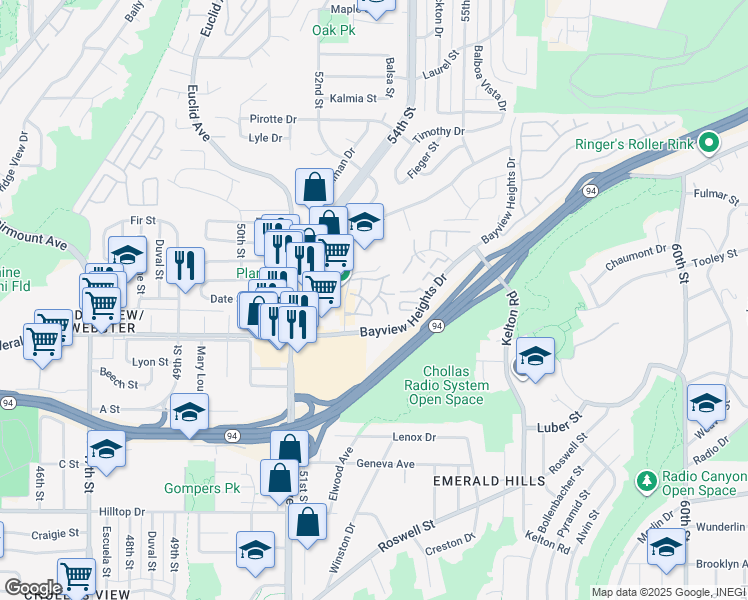 map of restaurants, bars, coffee shops, grocery stores, and more near 1641 Pentecost Way in San Diego