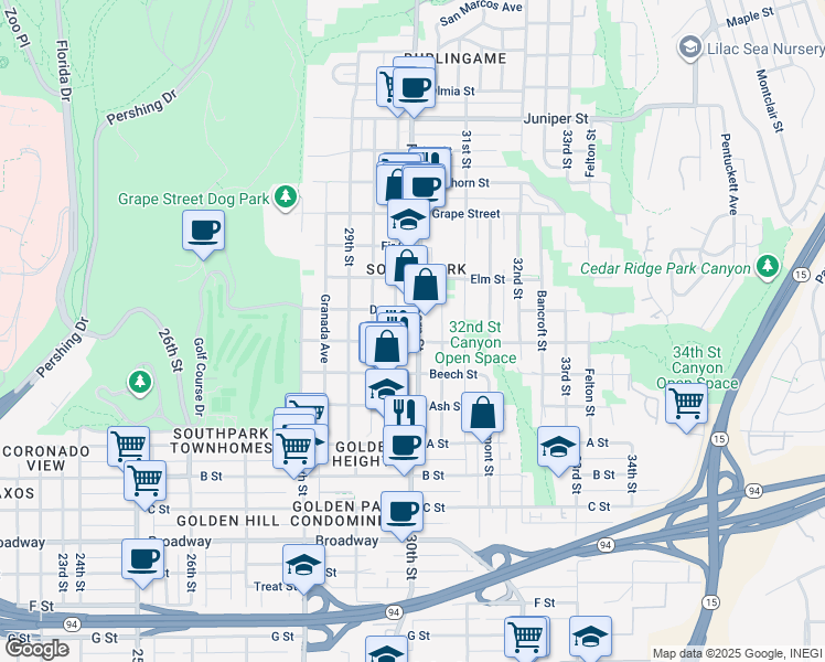 map of restaurants, bars, coffee shops, grocery stores, and more near 1605 Fern Street in San Diego