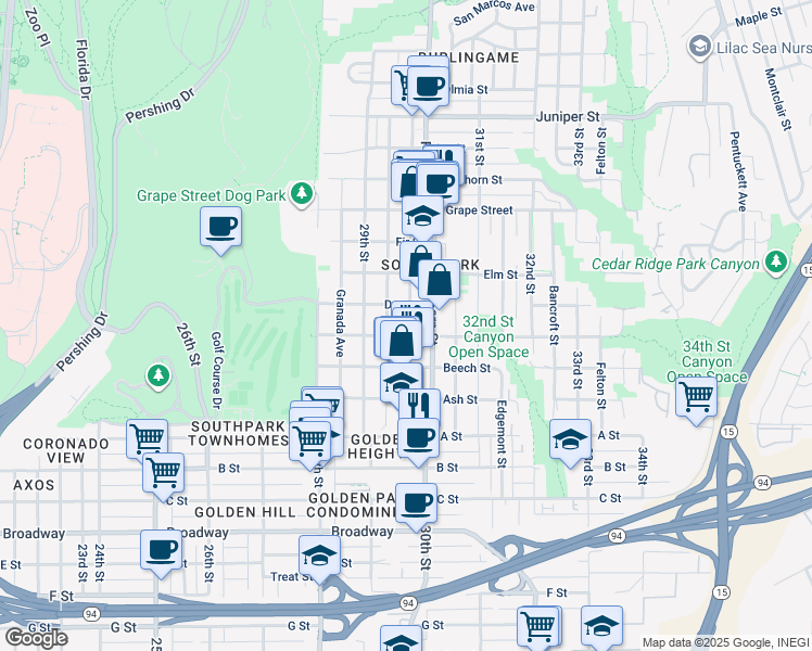 map of restaurants, bars, coffee shops, grocery stores, and more near 2980 Cedar Street in San Diego