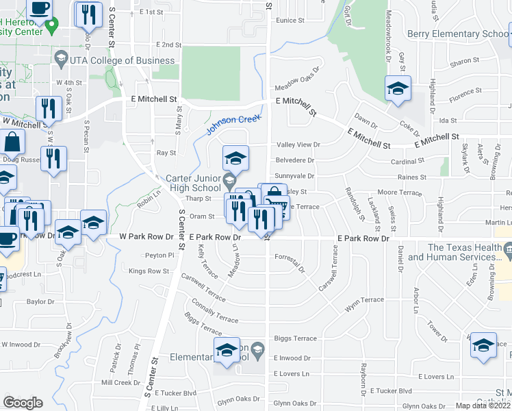 map of restaurants, bars, coffee shops, grocery stores, and more near 823 Oram Street in Arlington