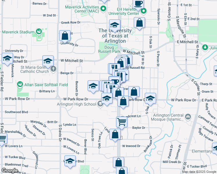 map of restaurants, bars, coffee shops, grocery stores, and more near 709 Grand Court in Arlington