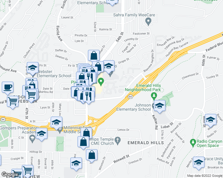 map of restaurants, bars, coffee shops, grocery stores, and more near 1641 Pentecost Way in San Diego