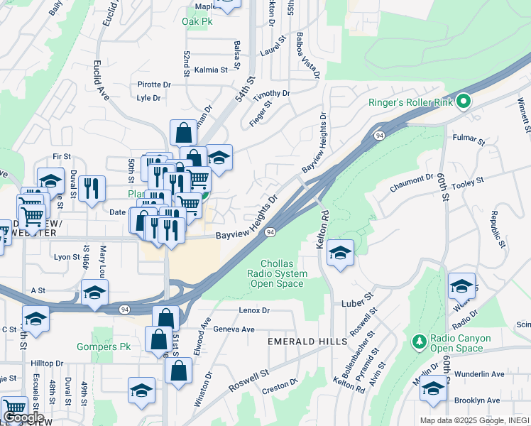 map of restaurants, bars, coffee shops, grocery stores, and more near 1661 Bayview Heights Drive in San Diego