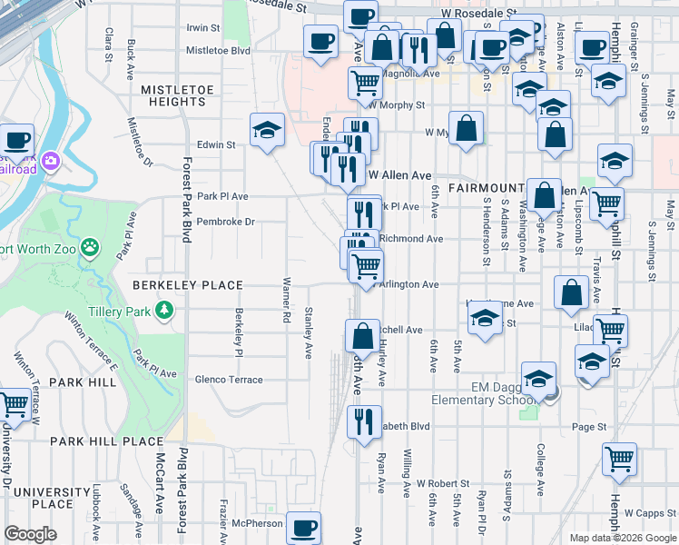 map of restaurants, bars, coffee shops, grocery stores, and more near 1902 Windsor Place in Fort Worth