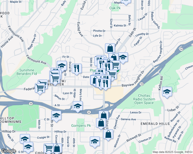 map of restaurants, bars, coffee shops, grocery stores, and more near 7169 Date Street in San Diego