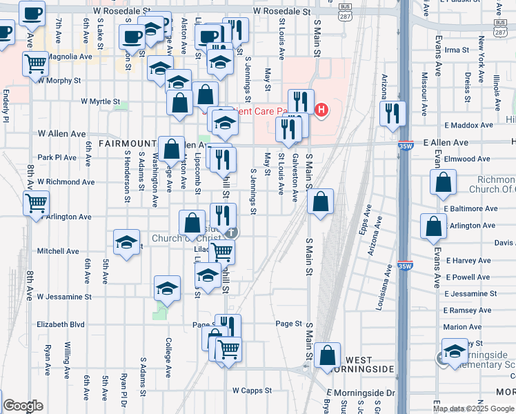 map of restaurants, bars, coffee shops, grocery stores, and more near 1928 West Arlington Avenue in Fort Worth