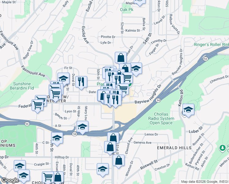 map of restaurants, bars, coffee shops, grocery stores, and more near Euclid Avenue & Westover Place in San Diego