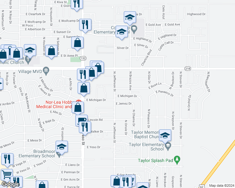 map of restaurants, bars, coffee shops, grocery stores, and more near 1106 East Michigan Drive in Hobbs