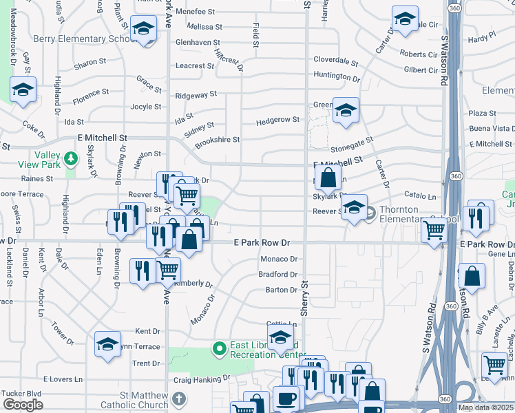 map of restaurants, bars, coffee shops, grocery stores, and more near 2102 Reever Street in Arlington