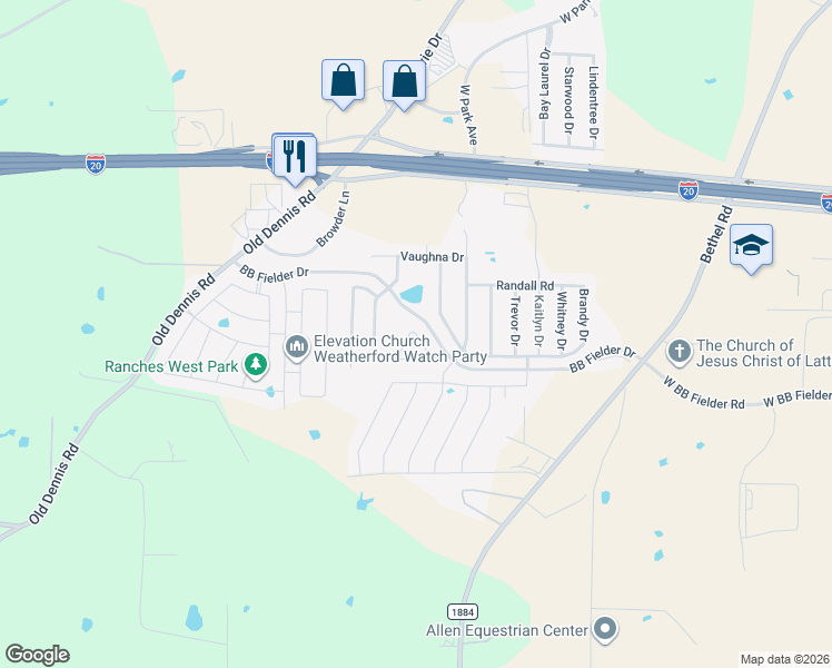 map of restaurants, bars, coffee shops, grocery stores, and more near Ashley Drive in Weatherford