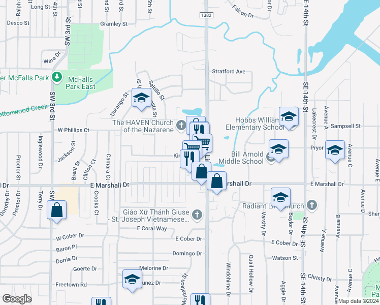 map of restaurants, bars, coffee shops, grocery stores, and more near 712 Kingston Drive in Grand Prairie