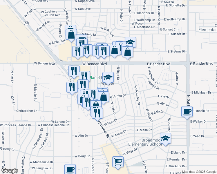 map of restaurants, bars, coffee shops, grocery stores, and more near 2020 North Adobe Drive in Hobbs