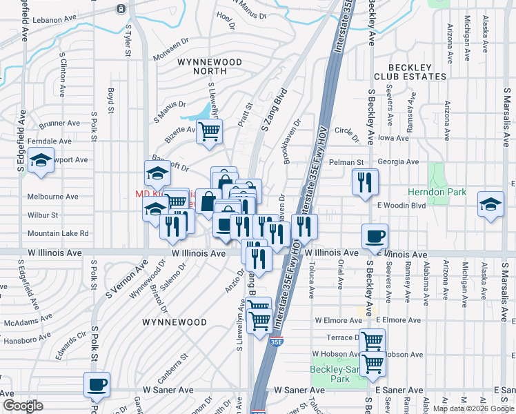 map of restaurants, bars, coffee shops, grocery stores, and more near 2106 West Louisiana Avenue in Dallas