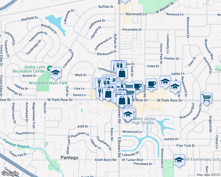 map of restaurants, bars, coffee shops, grocery stores, and more near 2613 West Park Row Drive in Arlington