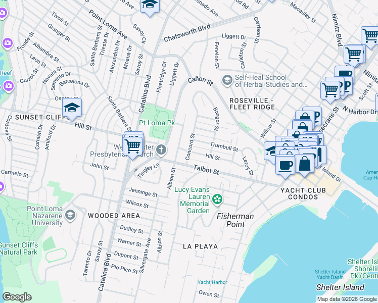 map of restaurants, bars, coffee shops, grocery stores, and more near Hill St & Concord St in San Diego