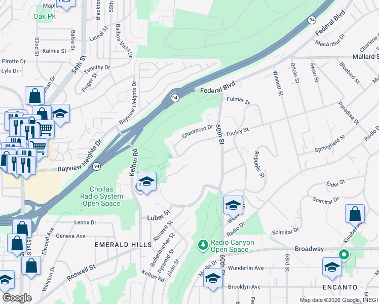 map of restaurants, bars, coffee shops, grocery stores, and more near 5849 Tooley Street in San Diego