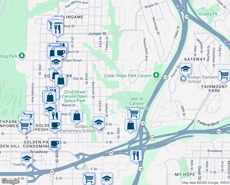 map of restaurants, bars, coffee shops, grocery stores, and more near 1621 Gregory Street in San Diego