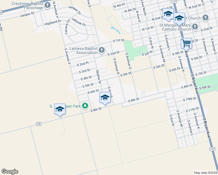 map of restaurants, bars, coffee shops, grocery stores, and more near 2100 South 6th Street in Lamesa