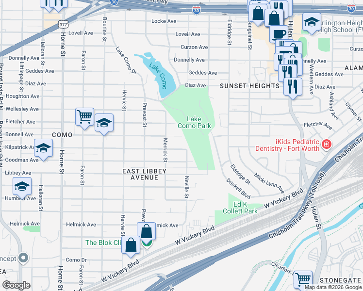 map of restaurants, bars, coffee shops, grocery stores, and more near 5121 Kilpatrick Avenue in Fort Worth
