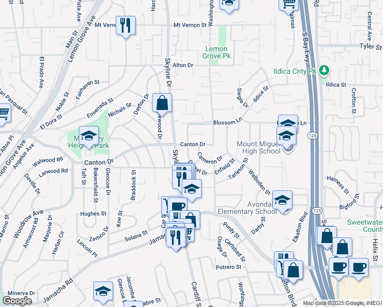 map of restaurants, bars, coffee shops, grocery stores, and more near 1661 Drexel Drive in Lemon Grove