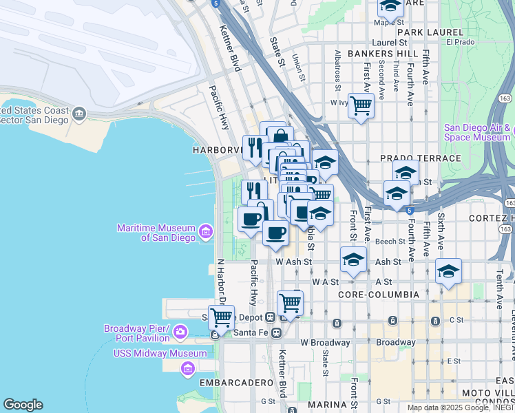 map of restaurants, bars, coffee shops, grocery stores, and more near 1655 Pacific Highway in San Diego