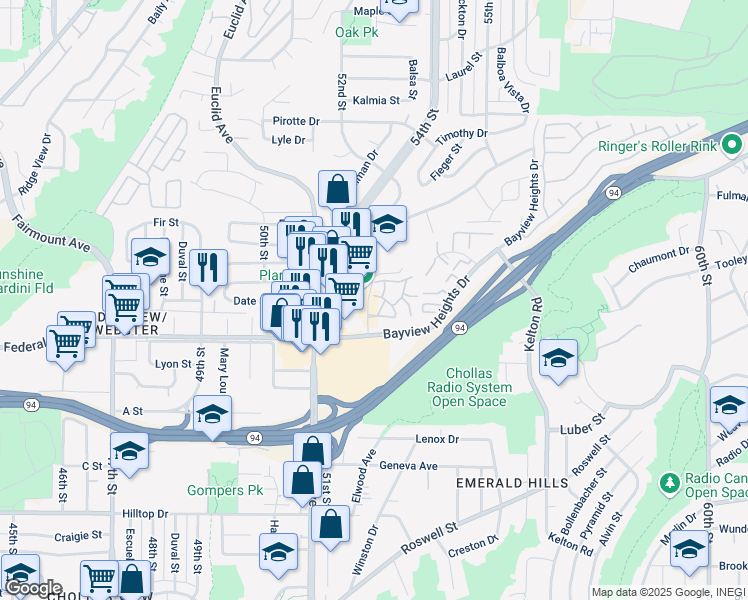 map of restaurants, bars, coffee shops, grocery stores, and more near 1607 Pentecost Way in San Diego