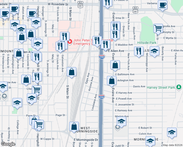map of restaurants, bars, coffee shops, grocery stores, and more near 709 East Arlington Avenue in Fort Worth