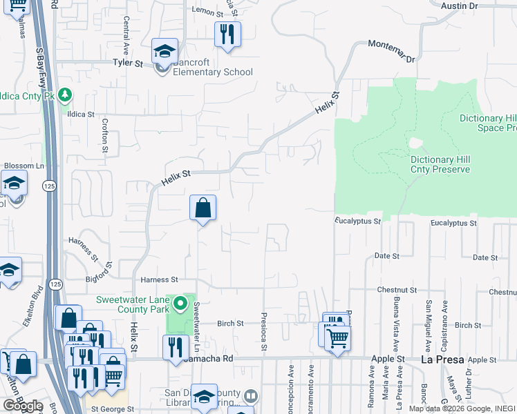 map of restaurants, bars, coffee shops, grocery stores, and more near 1729 Smokey Lane in Spring Valley