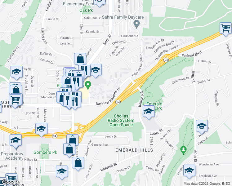 map of restaurants, bars, coffee shops, grocery stores, and more near 11 Bayview Heights Drive in San Diego