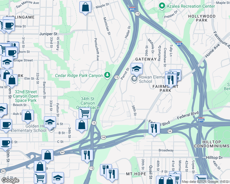 map of restaurants, bars, coffee shops, grocery stores, and more near 1630 Parrot Street in San Diego