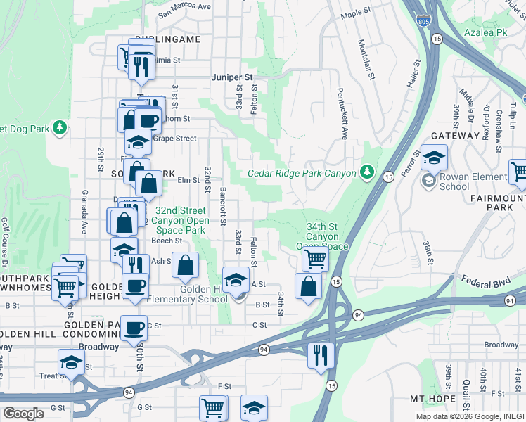 map of restaurants, bars, coffee shops, grocery stores, and more near 1621 Gregory Street in San Diego