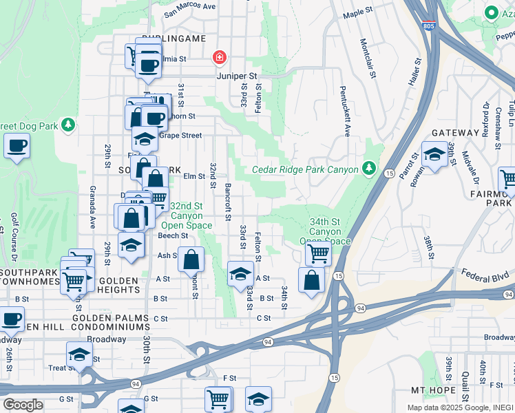 map of restaurants, bars, coffee shops, grocery stores, and more near 3318 Cedar Street in San Diego