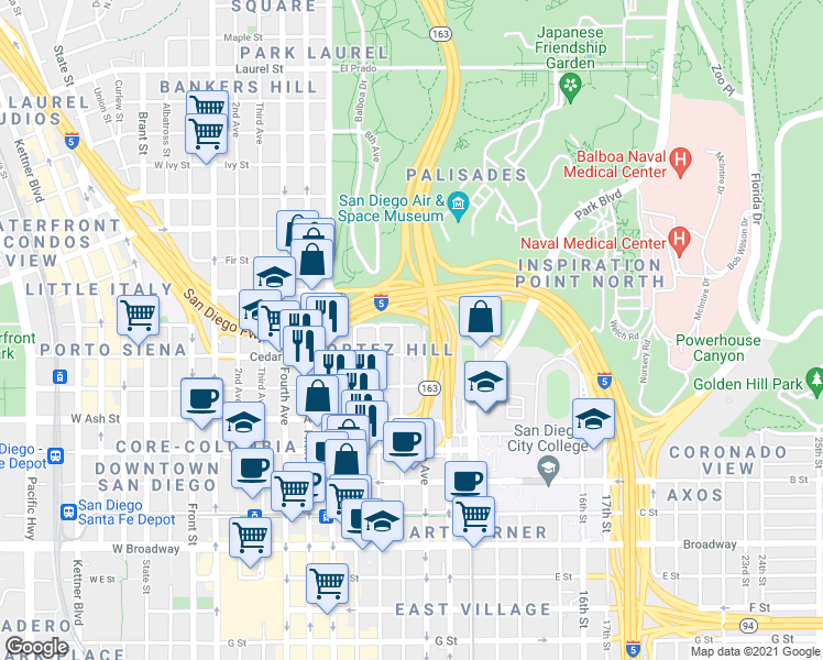 map of restaurants, bars, coffee shops, grocery stores, and more near 1640 Tenth Avenue in San Diego