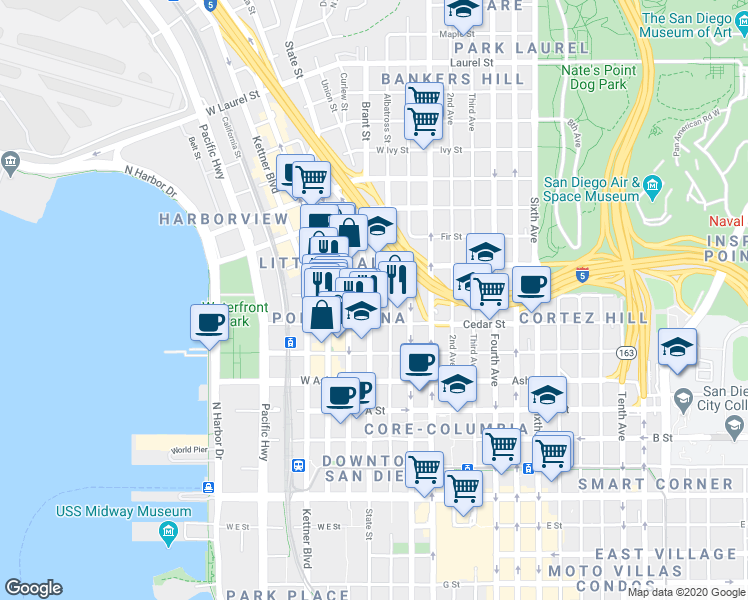 map of restaurants, bars, coffee shops, grocery stores, and more near 1631 State Street in San Diego
