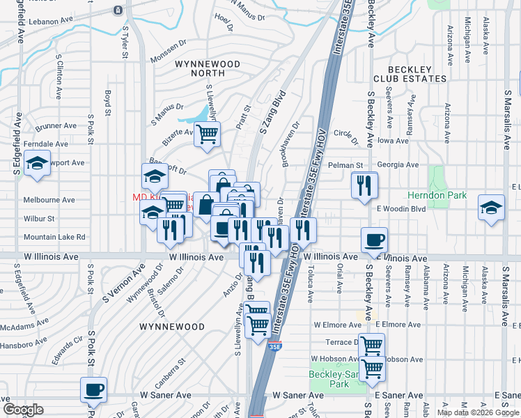 map of restaurants, bars, coffee shops, grocery stores, and more near 2106 West Louisiana Avenue in Dallas