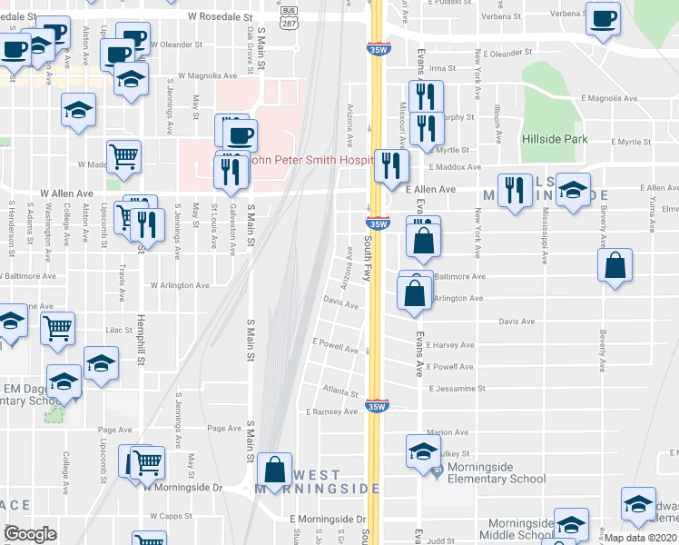 map of restaurants, bars, coffee shops, grocery stores, and more near 709 East Arlington Avenue in Fort Worth