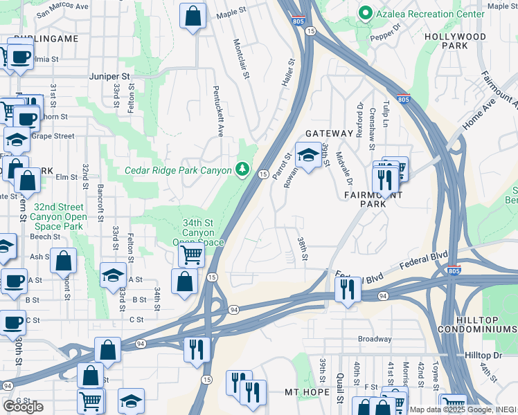 map of restaurants, bars, coffee shops, grocery stores, and more near 1630 Parrot Street in San Diego
