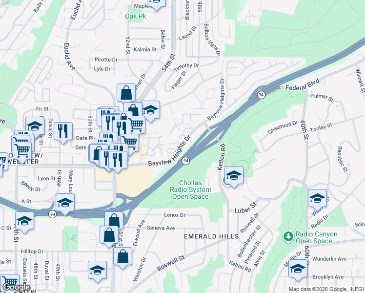 map of restaurants, bars, coffee shops, grocery stores, and more near 11 Bayview Heights Drive in San Diego