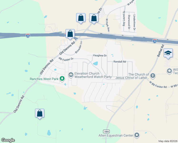 map of restaurants, bars, coffee shops, grocery stores, and more near 1252 Scott Drive in Weatherford