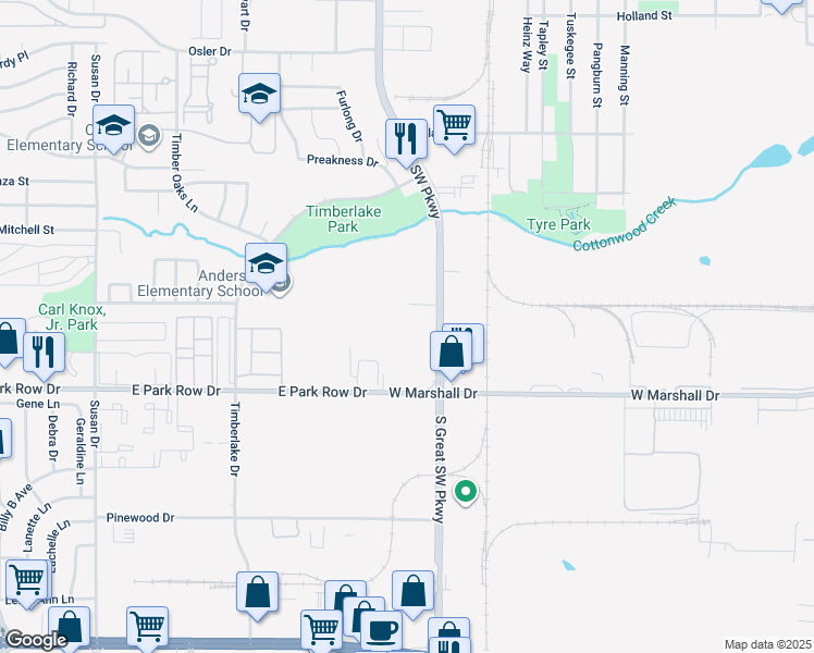 map of restaurants, bars, coffee shops, grocery stores, and more near 1600 South Great Southwest Parkway in Grand Prairie