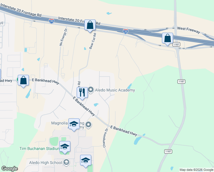 map of restaurants, bars, coffee shops, grocery stores, and more near 106 Aledo Pointe Drive in Aledo