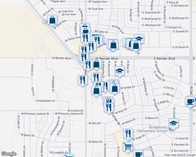 map of restaurants, bars, coffee shops, grocery stores, and more near 2022 N Turner St in Hobbs