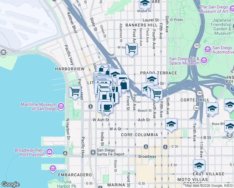 map of restaurants, bars, coffee shops, grocery stores, and more near 1631 State Street in San Diego