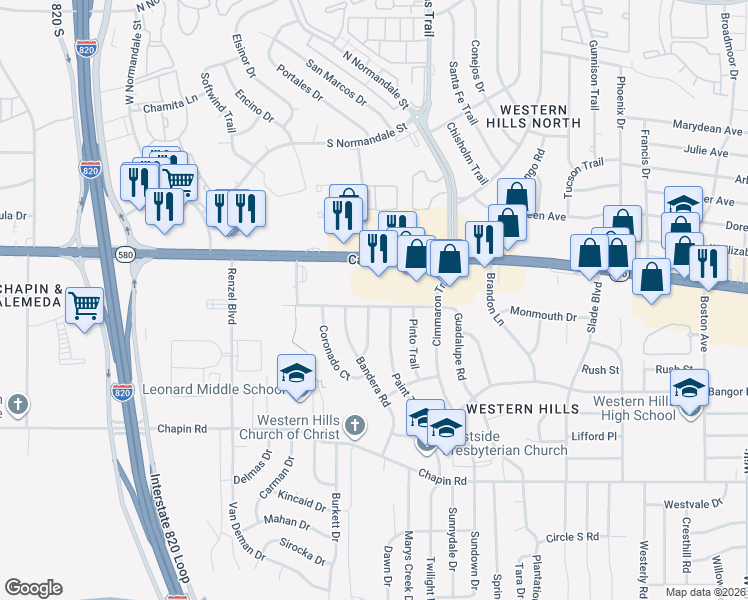 map of restaurants, bars, coffee shops, grocery stores, and more near 8709 Guadalupe Road in Fort Worth